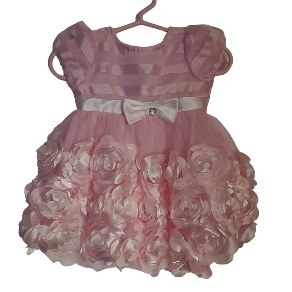 Nanette Baby Pink Rosette Dress, Stripes Bodice
